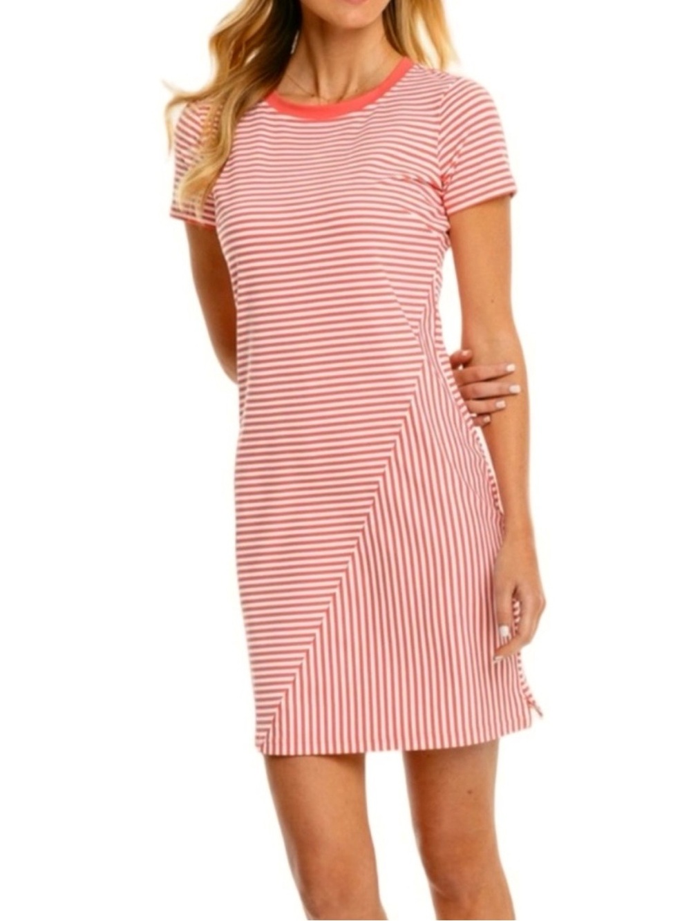 Southern Tide Amelia Striped Performance Dress Womens M Coral